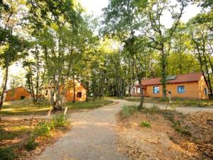a dirt road leading to a cabin in the woods at Le Village Enchanteur in La Chapelle-Aubareil