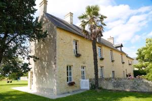 an old building with a palm tree in front of it at La Ferme de la Gronde in Magny-en-Bessin