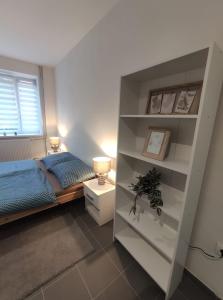 a bedroom with a bed and a book shelf at Krásny nový prízemný apartmán in Nové Zámky
