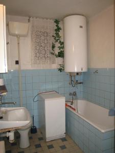 a bathroom with a sink and a tub and a toilet at Babiččina Chaloupka in Oldřiš