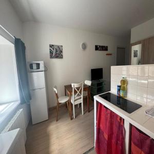a kitchen with a counter and a table and a kitchen with a refrigerator at Studio Le Verdun et La République in Tournus +15 photos