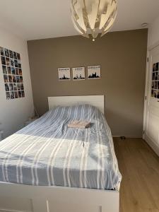 a bedroom with a bed and a chandelier at Brabant house with pool in Rixensart +17 photos