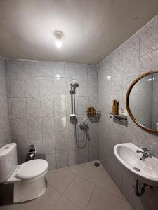 a bathroom with a shower and a toilet and a sink at D'Labake Guest House in Sidemen