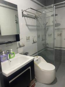 a bathroom with a toilet and a sink and a shower at Phu Long Mermaids Hostel 1 in Phù Long +1 photo