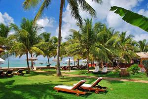 um resort com cadeiras e palmeiras e o oceano em Pousada Jambo em Itacimirim