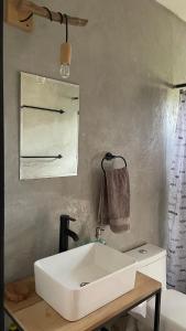 a bathroom with a white sink and a mirror at Cabaña en cafetales de Huatusco  +20 photos