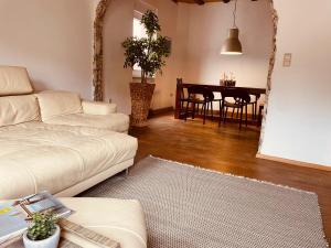 een woonkamer met een bank en een tafel bij Odw homes - charmantes Domizil im Gorxheimertal in Kunzenbach +7 foto's