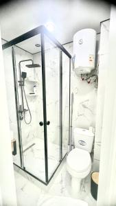 a bathroom with a shower and a toilet at Проспект Жамбыла 115а люкс квартира in Taraz +1 photo