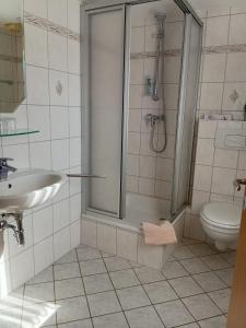a bathroom with a shower and a sink and a toilet at Zum Unstrut Radler in Helmsdorf +15 photos