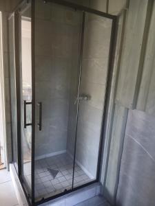 a shower with a glass door in a bathroom at Arakaoja saunamaja in Nepste