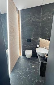 a bathroom with a white toilet and a sink at Spa Apartament Wisła in Wisła +11 photos