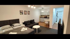 a bedroom with a bed and a couch and a kitchen at Skandi Studio in Lubin
