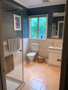 a bathroom with a shower and a toilet and a sink at Pet friendly beach cottage in Victoria in Paradise Beach