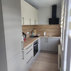 a small kitchen with white cabinets and a sink at Mugav korter 2-le in Haapsalu