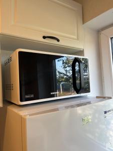 a microwave oven sitting on top of a refrigerator at Butas Pagėgiuose in Pagėgiai