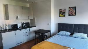 a small bedroom with a bed and a kitchen at Skandi Studio in Lubin