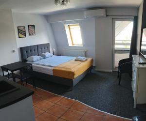 a bedroom with a bed and a desk in it at Skandi Studio in Lubin +2 photos