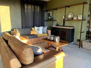 a living room with leather couches and a fireplace at Skye Ridge in Calitzdorp +20 photos