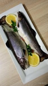 two fish on a white plate with lemon slices at Harmony Retreat in Dealu Negru