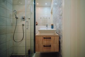 a bathroom with a sink and a shower at Dolina Wikingów 2-poziomowy apartament w Norweskiej Dolinie z dwoma balkonami i dostępem do strefy Wellness in Szklarska Poręba +41 photos