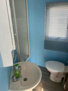 a bathroom with a white sink and a toilet at 8 Berth 3 bed caravan pet friendly TP56 in Chapel Saint Leonards