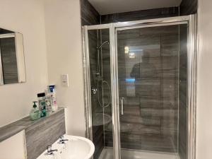 a bathroom with a shower and a sink at LIME 2 Bedroom APARTMENT in North Woolwich +15 photos