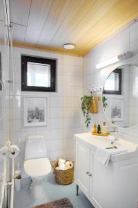 une salle de bain avec toilettes, lavabo et miroir dans l'établissement Reindeerly Cottage Hosted by Hygge Host, à Rovaniemi 49 autres photos