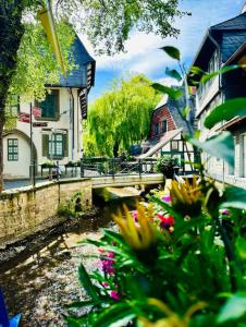 a bridge over a river in a town with flowers at Goslar FeWo Kultur & Naturgenuss in Goslar