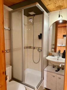a bathroom with a shower and a sink at Charmant studio au centre de la station in Nendaz
