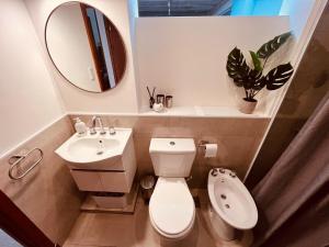 a bathroom with a toilet and a sink and a mirror at Casa Waikiki in Mar del Plata +17 photos