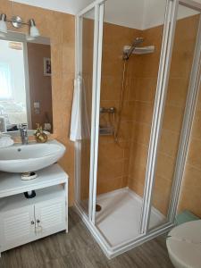 un bagno con doccia e lavandino di Small cottage guest house a Pécsvárad Altre 65 foto