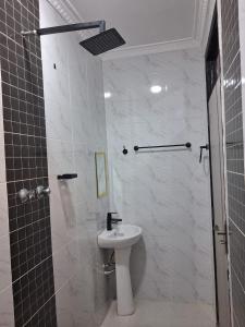 une salle de bain blanche avec lavabo et douche dans l'établissement Moonshine walkers furnished apartments, à Naivasha 11 autres photos