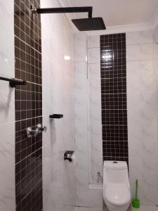 a bathroom with a toilet and a shower with black tiles at Moonshine walkers furnished apartments in Munyu