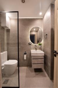 a bathroom with a toilet and a sink and a mirror at The Twin Bliss in Cairo