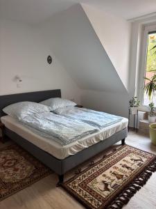 a bed in a bedroom with a rug at Gemütliche Wohnung an der Antoniuslinde im Kurort in Erwitte