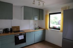 a kitchen with blue cabinets and a window at Wohnung auf dem Rochusberg in Bingen in Bingen am Rhein +2 photos