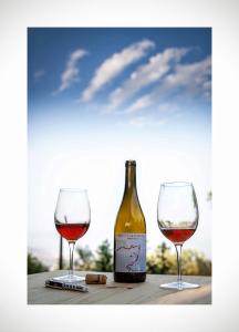 a bottle of wine and two glasses on a table at EcoAgriturismo Notti Stellate Etna Mare in Mascali