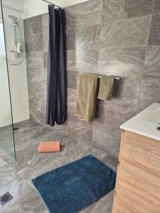 a bathroom with a shower with a blue rug at Guyra 1 Bedroom Apartment Country Retreat in Guyra