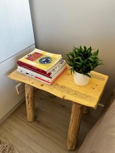 a table with books and a potted plant on it at Urquiza Suite Premium Rental in Buenos Aires