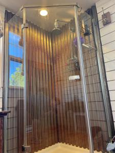 a shower with a glass curtain in a bathroom at Historic Parks Ranch Cabin near Williams in Parks