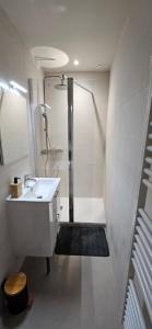 une salle de bain blanche avec une douche et un lavabo dans l'établissement Charmant appartement au cœur du centre historique, à Beaujeu