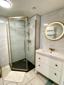 a bathroom with a shower and a sink and a mirror at La maison des Hortillonnages, le calme dans Amiens in Rivery