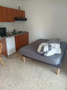 a small bedroom with a bed and a kitchen at Appartement proche centre ville 10min à pied de la mer in Mandelieu-la-Napoule
