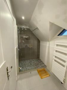 a small bathroom with a shower in a attic at 3 Chambres pour 2 à 6 pers Paris Ouest B&B in Rueil-Malmaison