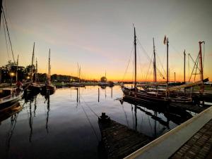 a group of boats docked in a harbor at sunset at HuusamDarß in Fuhlendorf