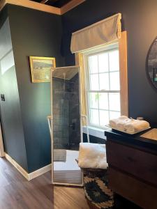 Cottage That Overlooks The Field的浴室设有步入式淋浴间,位于窗户旁