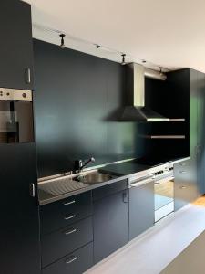 eine Küche mit schwarzen Schränken und einer Spüle in der Unterkunft LaVida Star in Blumenstein