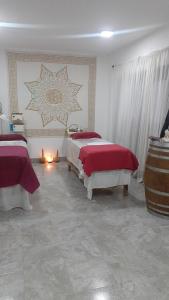 a bedroom with two beds with red sheets and a fireplace at Dionycio in Cafayate +8 photos