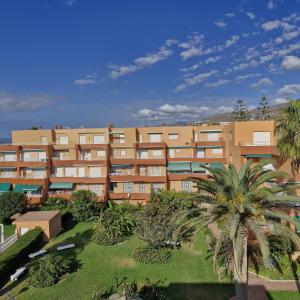 an apartment building with a palm tree in front of it at RentitSpain Ático en primera línea de playa Terraza y piscina in Salobreña
