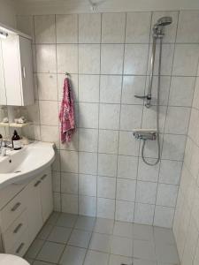 un baño con ducha y lavabo en Historical Townhouse, en Aabenraa